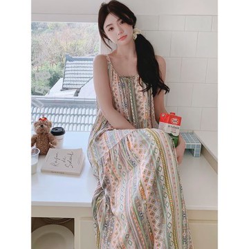 2024吊帶裙超長135cm睡裙夏季度假風人造棉綢寬松連衣裙女可外穿
