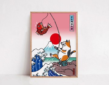 富士山和貓海報浮世繪風格