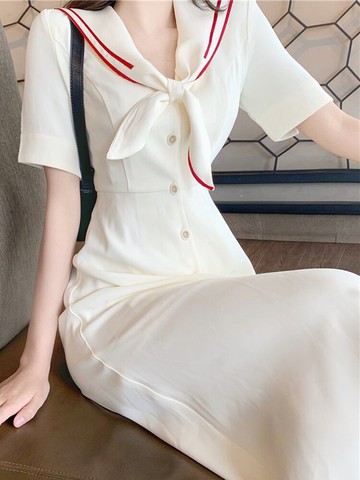 法式甜美初戀小白裙海軍學院風連衣裙長款減齡少女鹽系森系長裙子