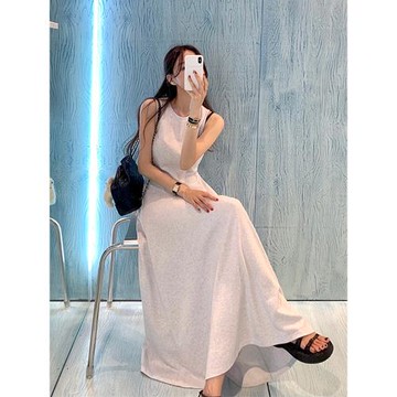 韓國chic夏季簡約氣質圓領露腰修身顯瘦純色百搭長款A字連衣裙女