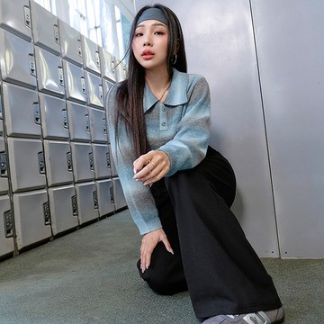 渲染條紋翻領針織上衣