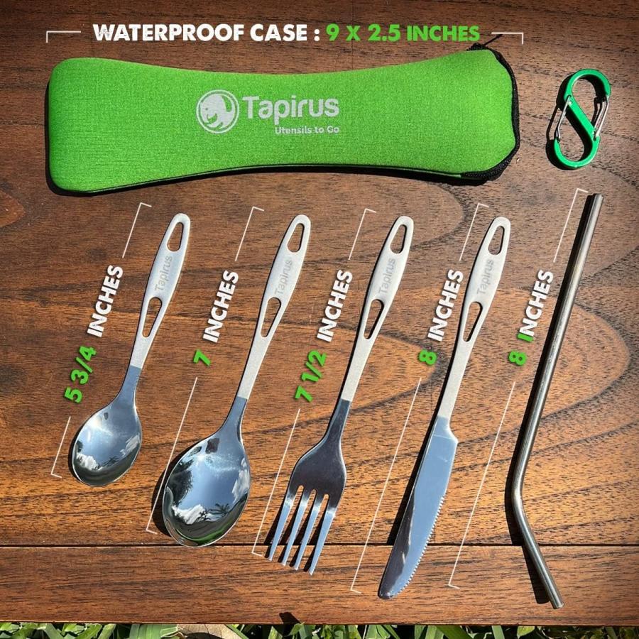 Tapirus Camp Utensils To Go 6-piece Portable Set Durable Stainless Steel Light Weight Silverware With Waterproof Carrying Case Ideal Equipm