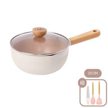 雪藏系列-日式錘紋不沾雪平鍋-象牙白22cm 玫瑰三件組 22cm+玫瑰三件組
