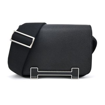 Hermes 愛馬仕 GETA 山羊皮 U刻 布款背帶斜背包(AD黑/銀釦)