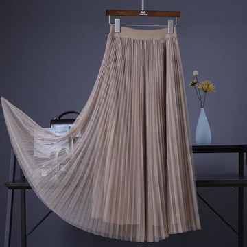 秋冬款高腰顯瘦網紗百褶長裙大擺垂感a字半身裙中長款紗裙