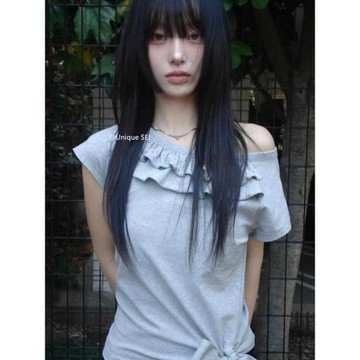 Unique SEI 復古荷葉邊拼接正肩直筒短袖T恤女顯瘦不規則綁帶上衣