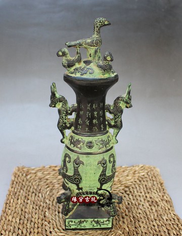 仿古青銅器蓮鶴水壺擺件 春秋時期酒器 古董收藏品博古架擺件1入