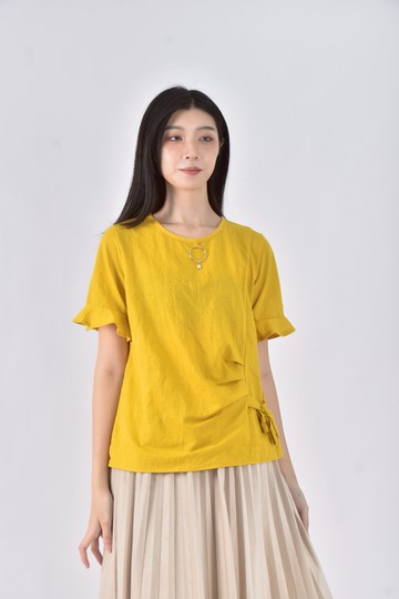 (L) 棉質圓環抓褶黃色短袖上衣