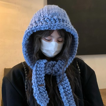 特價💖藍色針織巴拉克拉法帽女秋冬季保暖大頭圍毛綫帽子圍脖一體雷鋒帽 冬季針織保暖帽子 加絨加厚圍脖一體帽子 YTRA