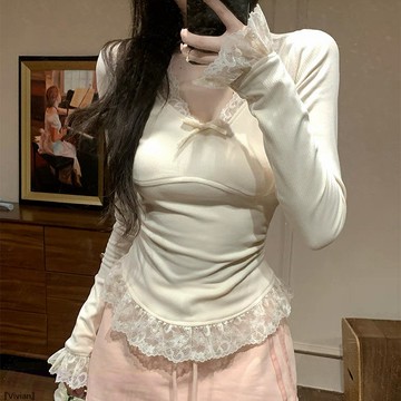 假兩件蕾絲蝴蝶結V領長袖打底衫女春秋季純欲辣妹t恤修身