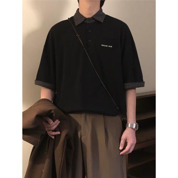 NAGAWL夏季美式復古學院風拼接格子寬松休閑短袖polo衫T恤上衣男