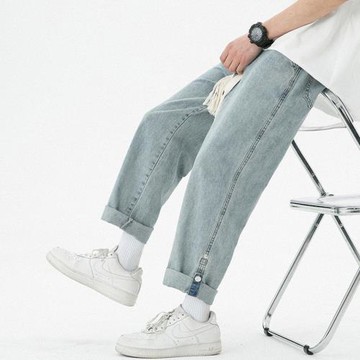 九分牛仔褲男秋季設計感卷邊褲子新款寬松直筒褲美式潮流高街男褲