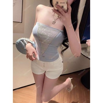 【𝐊𝐈𝐊𝐈𝐅𝐀𝐌𝐄】💎狠精緻美.ᐟ.ᐟ帶胸墊珠鏈亮片拼接平口上衣 亮片上衣 亮片背心 平口背心 鏈條背心 短版上衣 抹胸