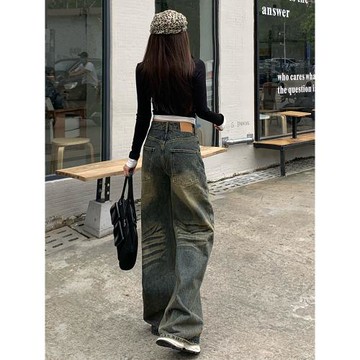 美式復古水洗做舊闊腿牛仔褲女2024秋季新款高腰顯瘦寬松直筒褲子