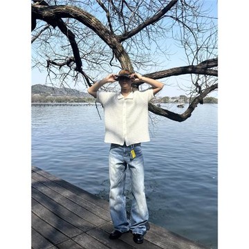 鏤空薄款針織短袖襯衫男夏季高級感老錢風cleanfit開衫外搭上衣