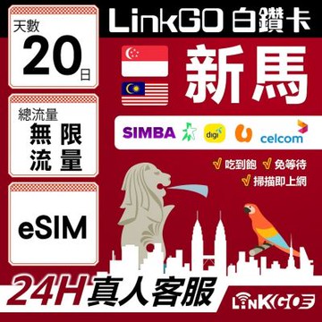 LinkGO白鑽卡 新馬 eSIM卡 20天上網卡 無限流量吃到飽 高速流量(新馬網卡 新加坡 馬來西亞 吉隆坡)