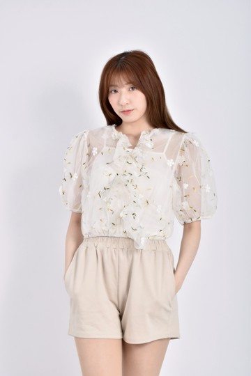 (S) g j質感兩件式透膚刺繡薄紗外衣與小背心白色短袖上衣