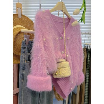 水貂絨v領針織寬松上衣重工釘珠