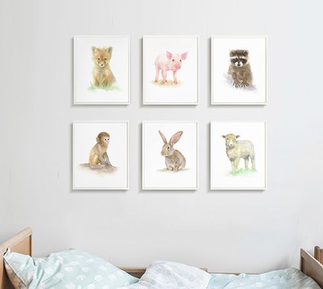 兒童房佈置-復制畫6件組-北歐-空間掛畫-動物水彩畫套組