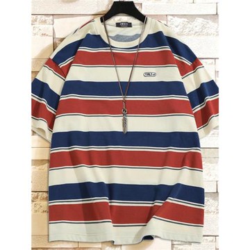 加肥加大號胖哥特大碼肥佬400斤條紋上衣圓領半袖短袖體恤t恤男夏