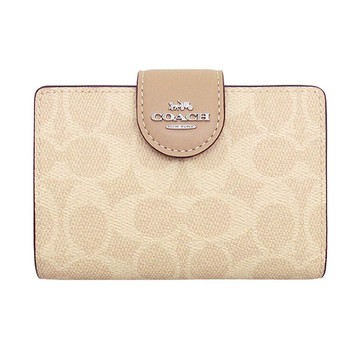 COACH 經典LOGO緹花皮革釦式皮夾中夾 灰褐x沙色 CW786 SVPWH