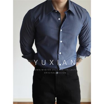 YUXIAN抗皺易打理斜紋棉混紡牛仔色休閑商務翻領長袖襯衫男士