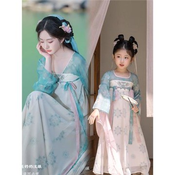湖光山色母女漢服女童親子裝連衣裙唐裝中國風寶寶夏季薄款襦裙
