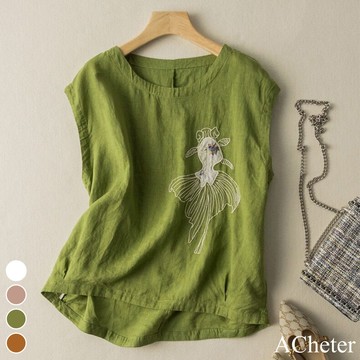 【ACheter】熱銷刺繡寬鬆棉麻背心上衣# 113366(現貨+預購)