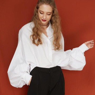 a+boutique 大燈籠袖兩穿襯衫 高密棉不透中長款寬松襯衫領上衣女