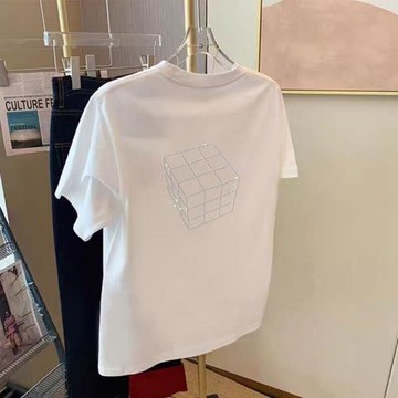 歐洲站洋氣小衫純棉白色圓領短袖T恤女寬松燙鉆魔方圖案上衣潮牌