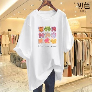 初色 寬鬆大碼拼圖印花休閒顯瘦短袖中長款T恤上衣女上衣-共12色-19305(M-3XL可選)