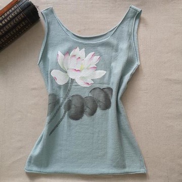 針織全棉背心民族風手繪荷花清新文藝夏裝休閑圓領卷邊打底女吊帶