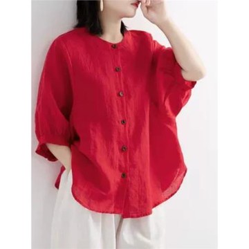 寬松亞麻襯衫休閑燈籠袖上衣夏裝
