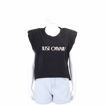 Just cavalli 皮革感字母貼飾印花黑色墊肩造型棉短袖TEE T恤