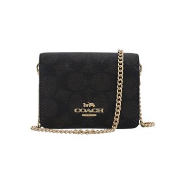 COACH胡桃木/黑C LOGO PVC拼接皮革鍊帶頸掛斜背方型卡夾零錢小廢包