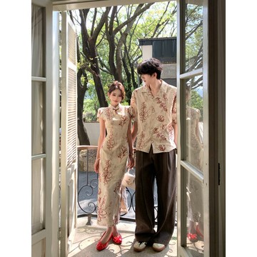 實拍 S-3XL 新中式洋裝 夏天情侶裝 訂婚洋裝 婚禮洋裝 寬鬆襯衫男 短袖男 改良旗袍洋裝 短袖連衣裙 敬酒服情侶裝