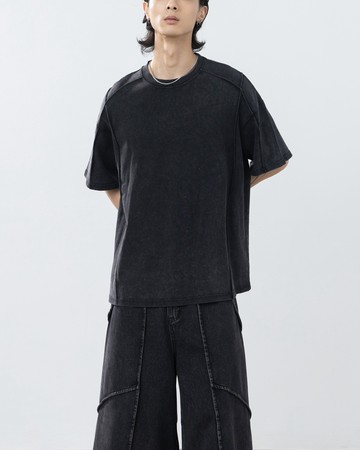 男裝 剪接洗水設計寬版短袖上衣-黑S/M/L/XL