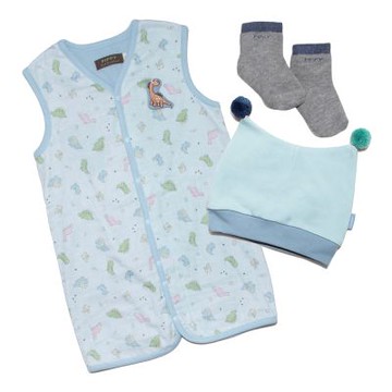 PIPPY 可愛小恐龍印花防踢背心+毛球帽3件組初生禮盒 水