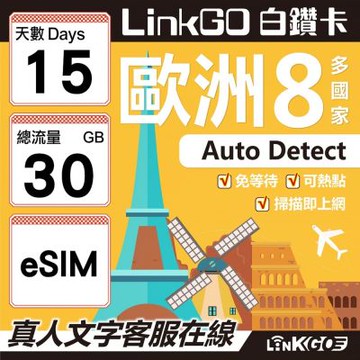 LINKGO白鑽卡 歐洲8國 eSIM卡 15天上網卡 總流量30GB (歐洲網卡 法國 瑞典  奧地利 英國)