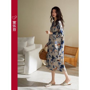 (免運)家樂芬睡裙女睡衣春秋款莫代爾長款冰絲長袖花開衫襯衣復古水墨畫