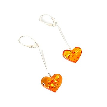 垂墜愛心 天然琥珀耳環 925銀