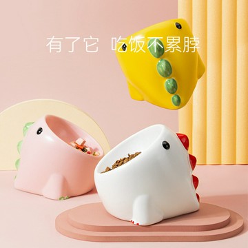 【優選百貨】恐龍陶瓷碗高腳貓碗喝水碗卡通貓咪喂食器狗狗吃飯盆狗碗寵物用品