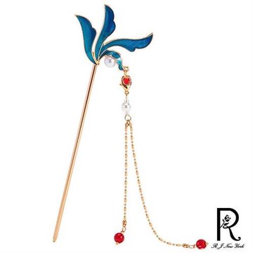 【RJ New York】藍漾鶴羽珍珠流蘇中國風漢服髮氈髮飾髮簪(藍色)