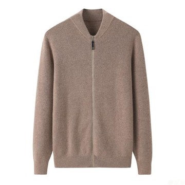 秋冬新款100純山羊絨開衫男立領保暖加厚通勤拉鏈針織毛衣寬松外