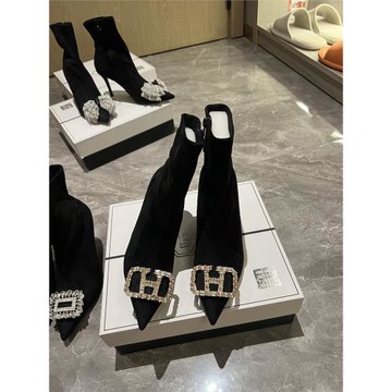 2024瘦瘦靴女冬法式名媛H扣水鉆絨面高跟百搭尖頭加絨彈力襪短靴