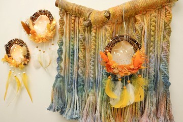 莫奈 日出印象 不凋花LED燈捕夢網 棉繩編織掛件 | 橙色, 黃色