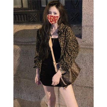 一整套秋冬穿搭御姐范豹紋襯衫外套+打底連衣裙兩件套又a又颯套裝