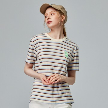 moz瑞典 駝鹿 愛心駝鹿 舒適柔棉 100%純棉條紋短T-米色條紋(亞洲版)女款