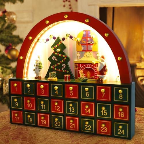 MorTime 24 Day Advent Calendar with 24 Storage Drawers, LED Lighted Wooden