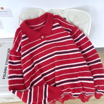 春秋季polo領撞色條紋針織衫男新款美式復古軟糯寬鬆百搭上衣男